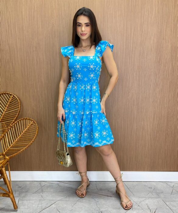 Vestido Feminino Curto Juliana com Bojo Bordado Azul - Fernanda Ramos Store