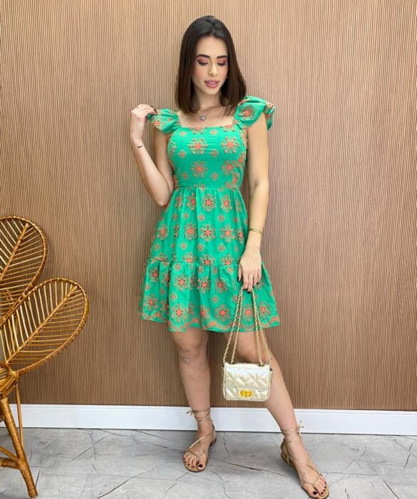 Vestido Feminino Curto Juliana com Bojo Bordado Verde - Fernanda Ramos Store