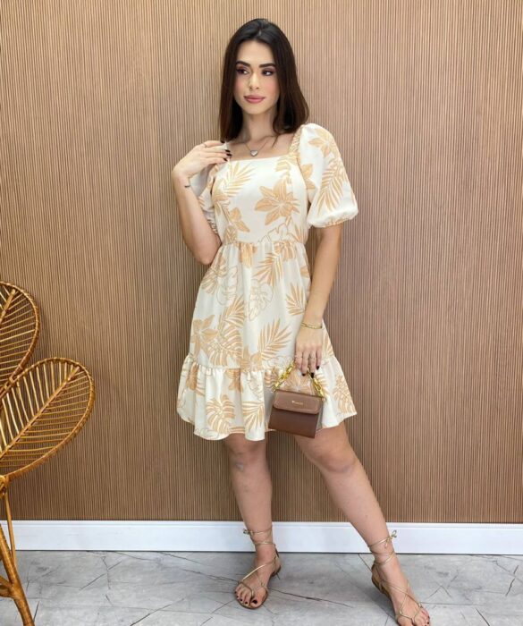 Vestido Feminino Curto sem Bojo Laura Estampado Bege - Fernanda Ramos Store