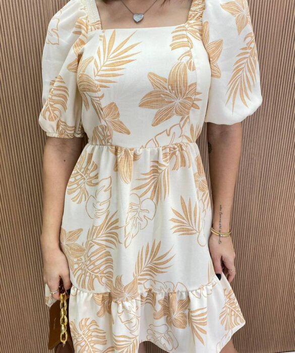 Vestido Feminino Curto sem Bojo Laura Estampado Bege - Fernanda Ramos Store