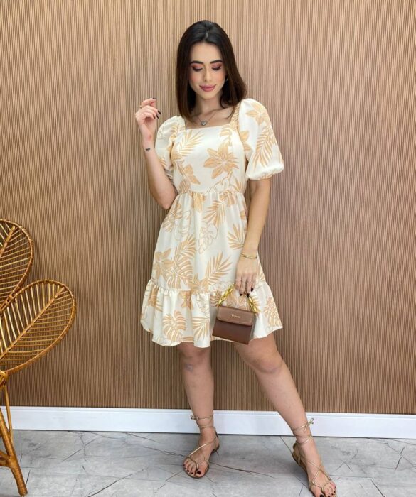 Vestido Feminino Curto sem Bojo Laura Estampado Bege - Fernanda Ramos Store