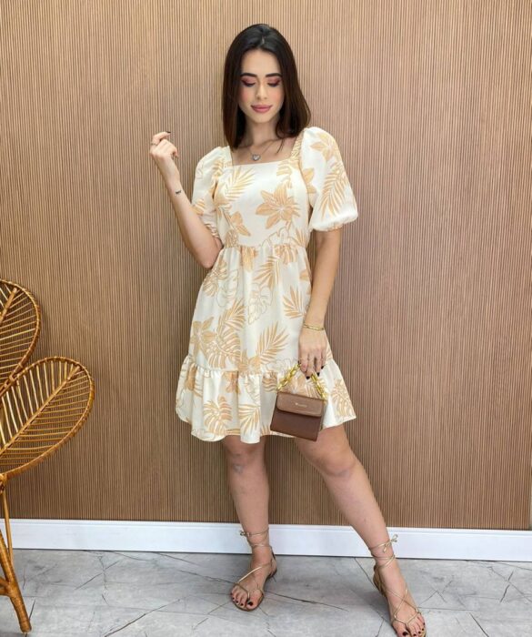 Vestido Feminino Curto sem Bojo Laura Estampado Bege - Fernanda Ramos Store