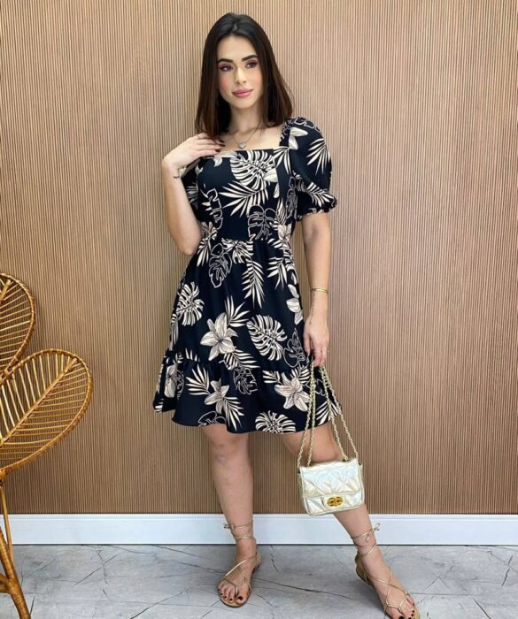 Vestido Feminino Curto sem Bojo Laura Estampado Preto - Fernanda Ramos Store