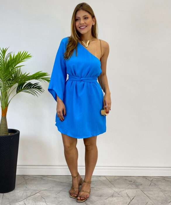 Vestido Feminino Curto sem Bojo Nula Manga com Amarração Azul - Fernanda Ramos Store