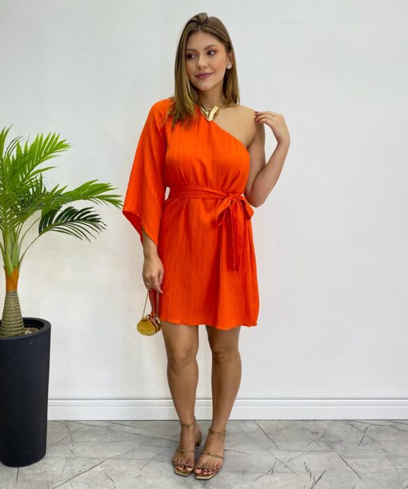 Vestido Feminino Curto sem Bojo Nula Manga com Amarração Coral - Fernanda Ramos Store