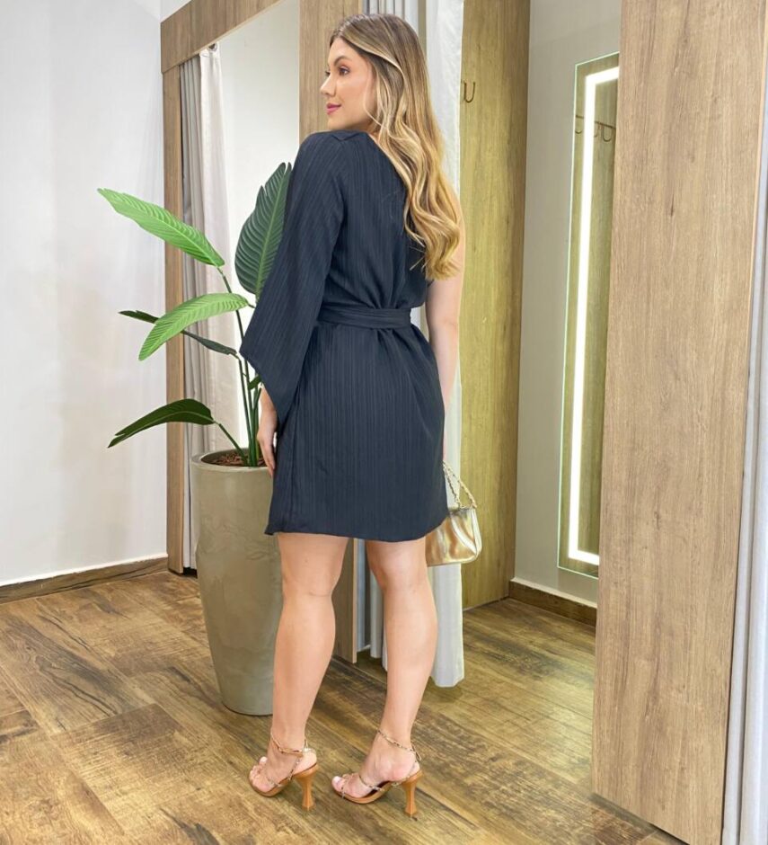 Vestido Feminino Curto sem Bojo Nula Manga com Amarração Preto - Fernanda Ramos Store