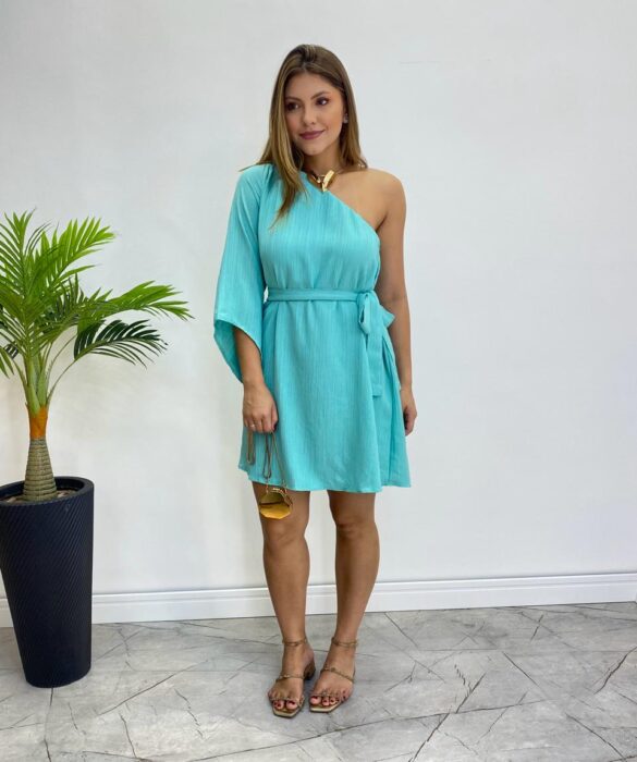 Vestido Feminino Curto sem Bojo Nula Manga com Amarração Verde Água - Fernanda Ramos Store