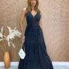 Vestido Longo com Bojo Alça Regulável Diana Poá Preto Fernanda Ramos Store