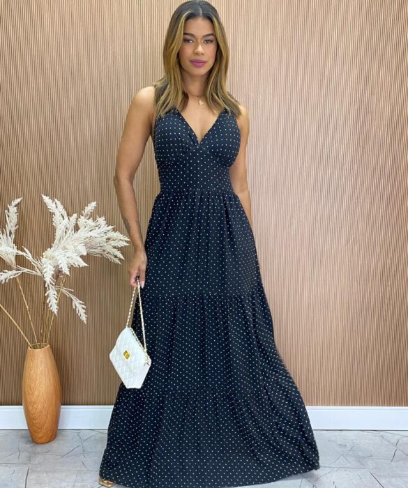 Vestido Longo com Bojo Alça Regulável Diana Poá Preto Fernanda Ramos Store