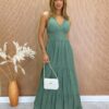 Vestido Longo com Bojo Alça Regulável Diana Poá Verde - Fernanda Ramos Store