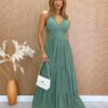 Vestido Longo com Bojo Alça Regulável Diana Poá Verde - Fernanda Ramos Store