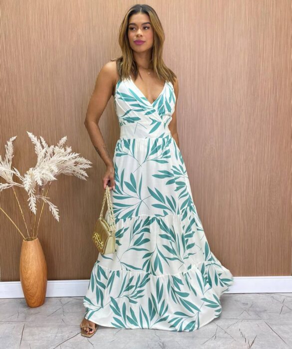 Vestido Longo com Bojo Alça Regulável Juliana Estampa Verde Fernanda Ramos Store