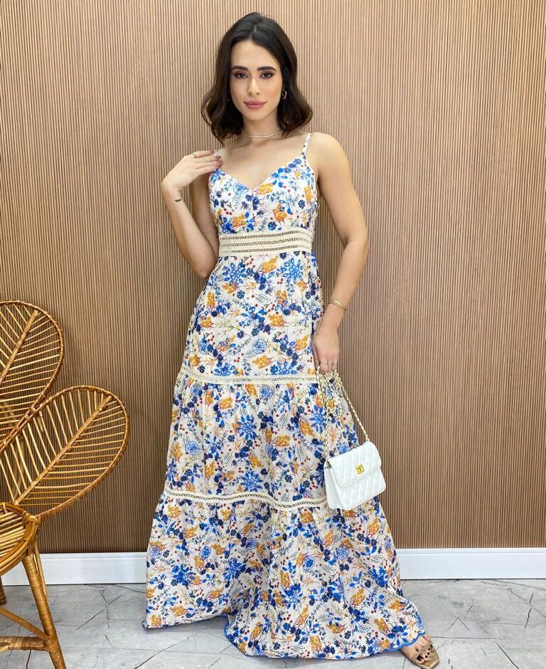 Vestido Longo com Bojo Alça Regulável Leticia Estampado - Fernanda Ramos Store