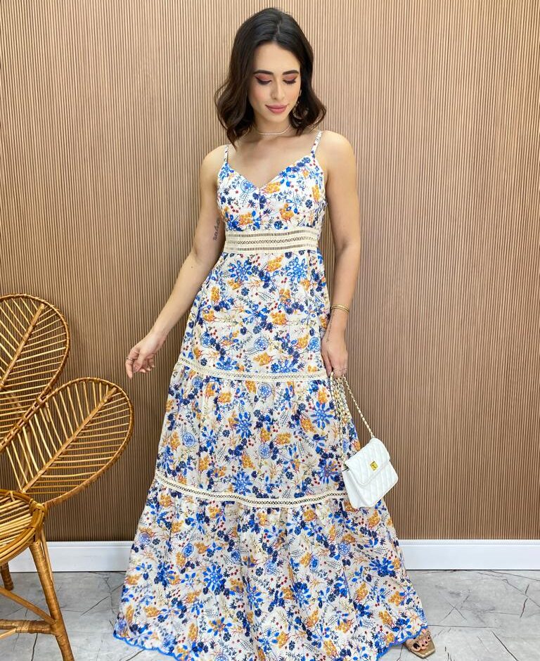 Vestido Longo com Bojo Alça Regulável Leticia Estampado - Fernanda Ramos Store