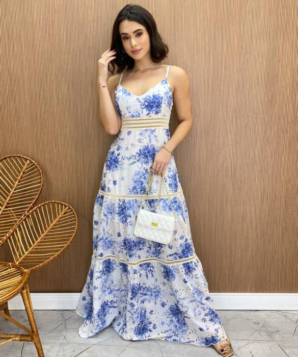 Vestido Longo com Bojo Alça Regulável Leticia Estampado Azul - Fernanda Ramos Store