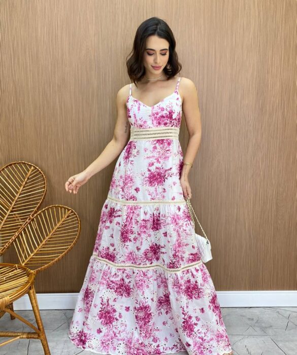 Vestido Longo com Bojo Alça Regulável Leticia Estampado Pink - Fernanda Ramos Store