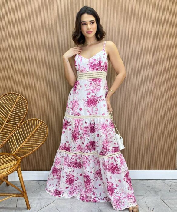 Vestido Longo com Bojo Alça Regulável Leticia Estampado Pink - Fernanda Ramos Store