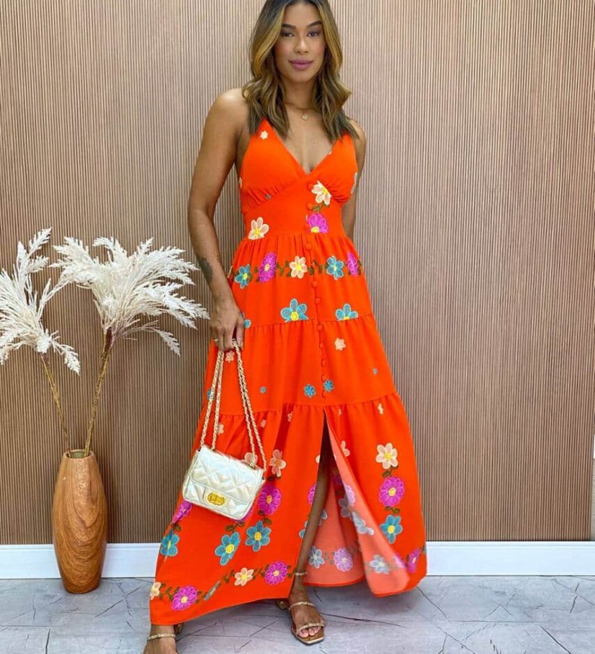 Vestido Longo com Bojo Alice Alça Regulável Estampado Coral - Fernanda Ramos Store