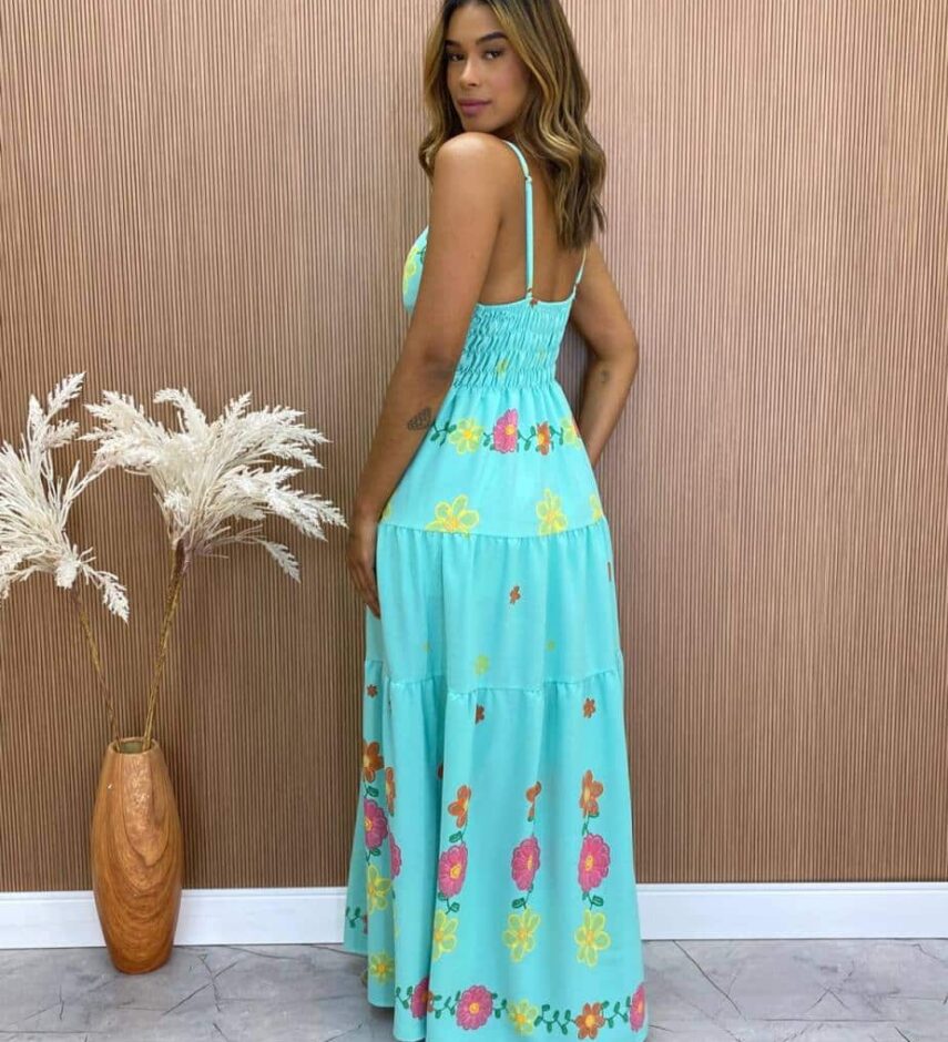 Vestido Longo com Bojo Alice Alça Regulável Estampado Verde - Fernanda Ramos Store