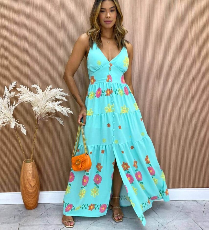 Vestido Longo com Bojo Alice Alça Regulável Estampado Verde - Fernanda Ramos Store