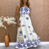 Vestido Longo com Bojo Camily com Amarração Estampado Azul Fernanda Ramos Store