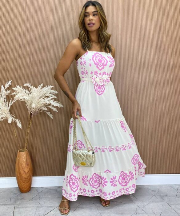 fernandaramosstore com br Vestido Longo com Bojo Camily com Amarração Estampado Rosa 1