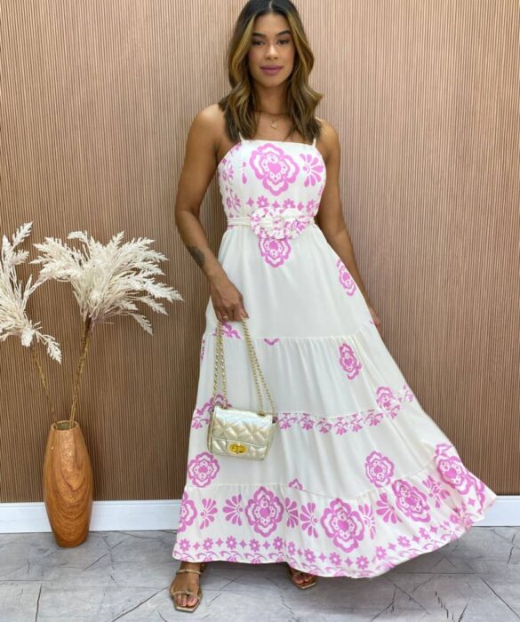 Vestido Longo com Bojo Camily com Amarração Estampado Rosa Fernanda Ramos Store