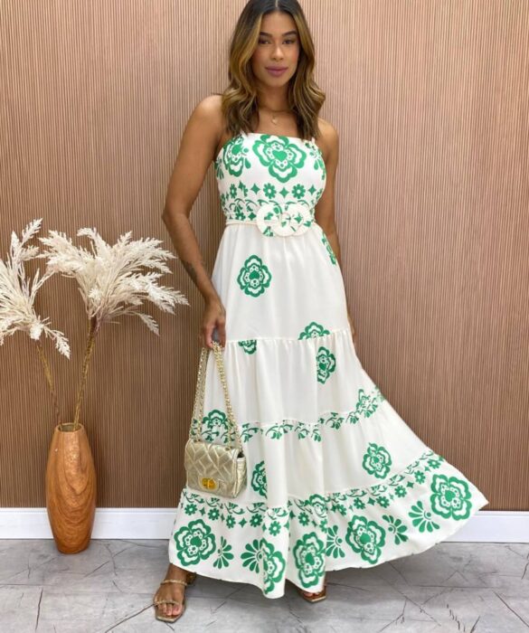 fernandaramosstore com br Vestido Longo com Bojo Camily com Amarração Estampado Verde 5