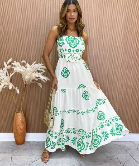 Vestido Longo com Bojo Camily com Amarração Estampado Verde Fernanda Ramos Store