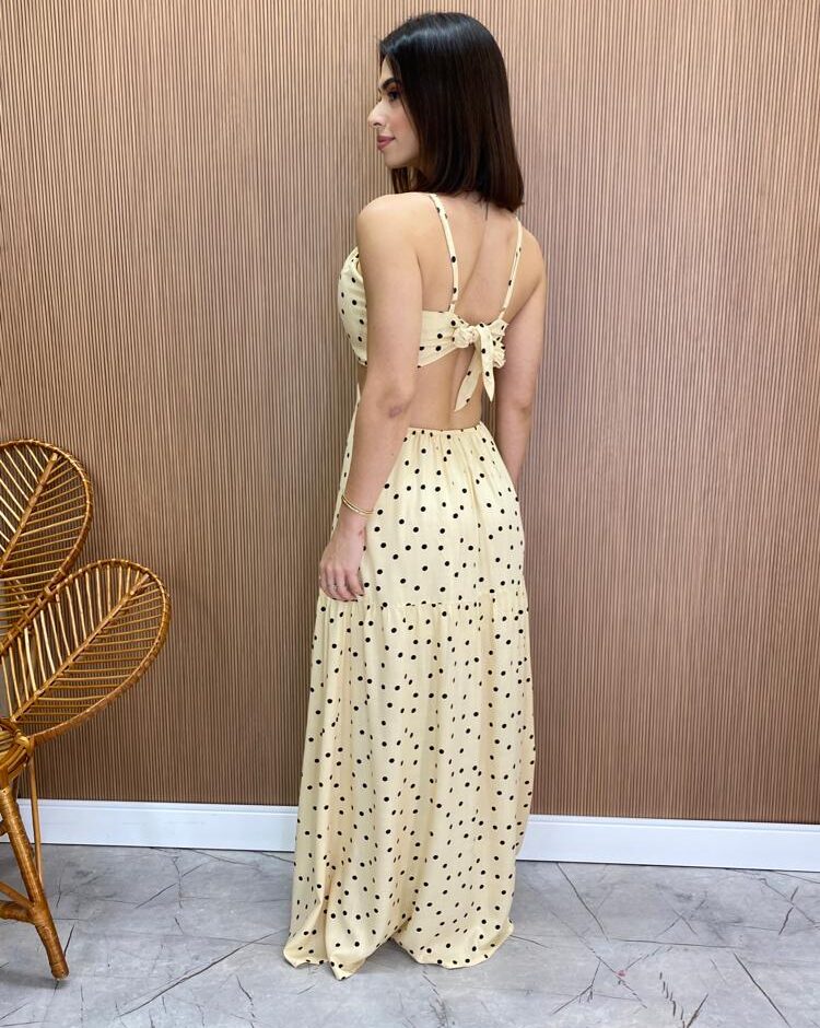 Vestido Longo com Bojo com Amarração e Fenda Poá Bege - Fernanda Ramos Store