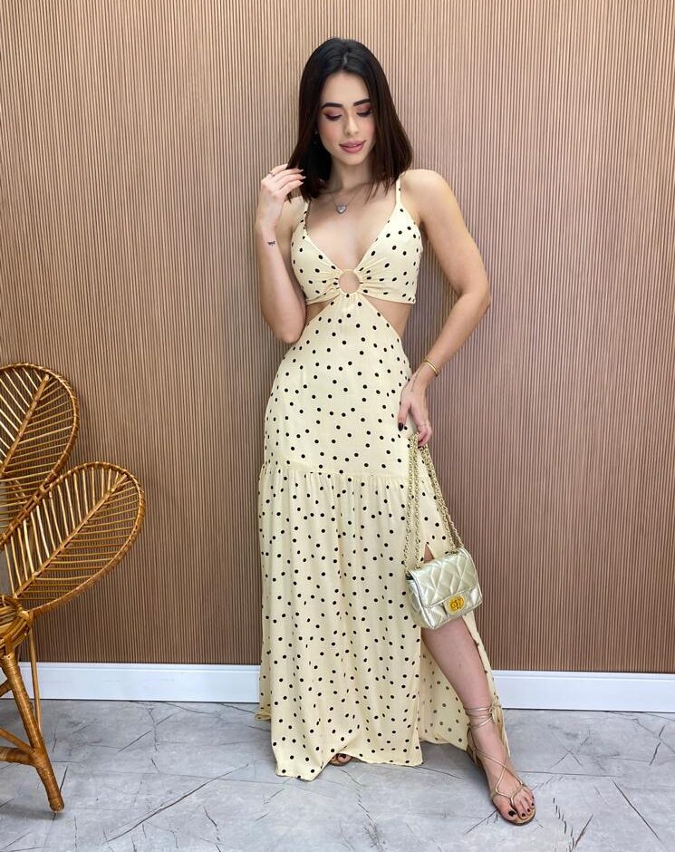 Vestido Longo com Bojo com Amarração e Fenda Poá Bege - Fernanda Ramos Store