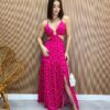 Vestido Longo com Bojo com Amarração e Fenda Poá Pink - Fernanda Ramos Store