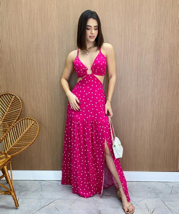 Vestido Longo com Bojo com Amarração e Fenda Poá Pink - Fernanda Ramos Store