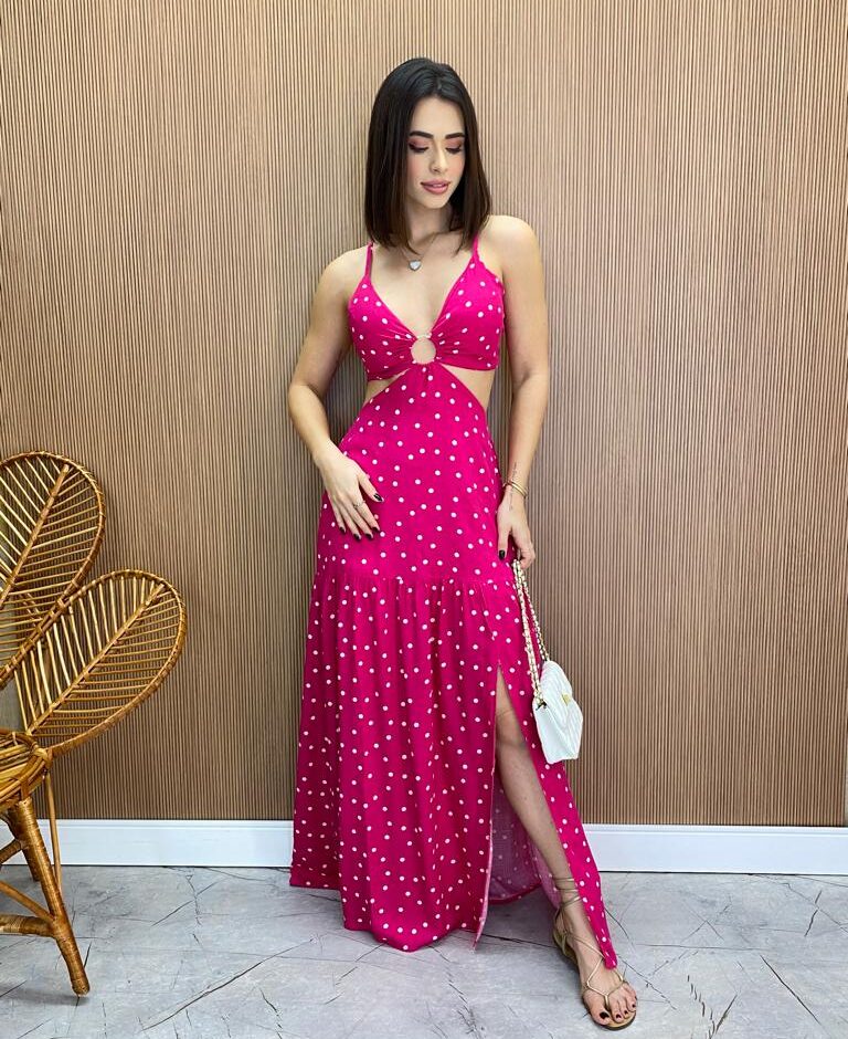 Vestido Longo com Bojo com Amarração e Fenda Poá Pink - Fernanda Ramos Store