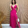 Vestido Longo com Bojo com Amarração e Fenda Poá Pink - Fernanda Ramos Store