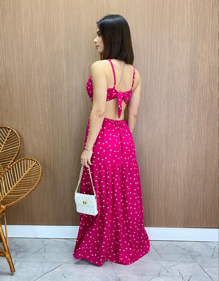 Vestido Longo com Bojo com Amarração e Fenda Poá Pink - Fernanda Ramos Store