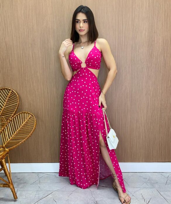 Vestido Longo com Bojo com Amarração e Fenda Poá Pink - Fernanda Ramos Store