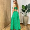 Vestido Longo com Bojo com Amarração e Fenda Poá Verde - Fernanda Ramos Store