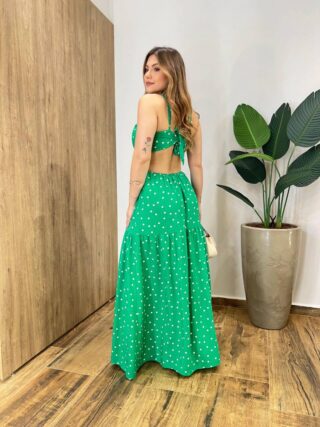 Vestido Longo com Bojo com Amarração e Fenda Poá Verde - Fernanda Ramos Store