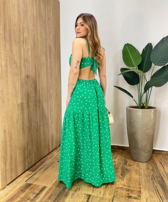 Vestido Longo com Bojo com Amarração e Fenda Poá Verde - Fernanda Ramos Store