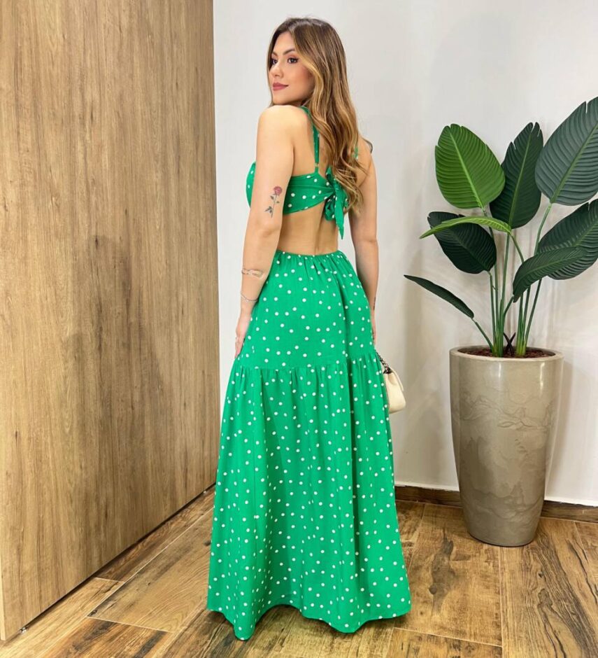 Vestido Longo com Bojo com Amarração e Fenda Poá Verde - Fernanda Ramos Store