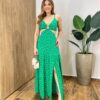 Vestido Longo com Bojo com Amarração e Fenda Poá Verde - Fernanda Ramos Store