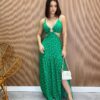 Vestido Longo com Bojo com Amarração e Fenda Poá Verde - Fernanda Ramos Store