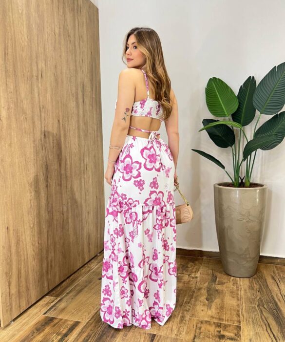 Vestido Longo com Bojo e Abertura Agatha Estampado Pink - Fernanda Ramos Store