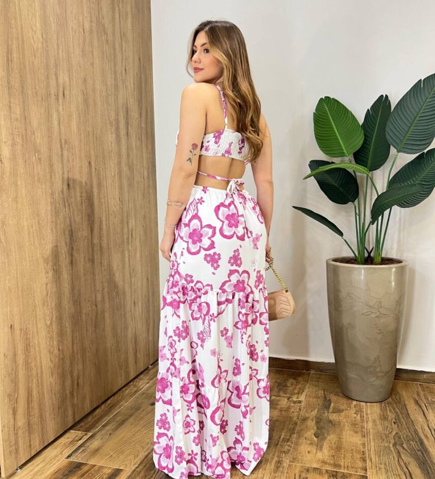 Vestido Longo com Bojo e Abertura Agatha Estampado Pink - Fernanda Ramos Store
