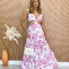 Vestido Longo com Bojo e Abertura Agatha Estampado Pink - Fernanda Ramos Store