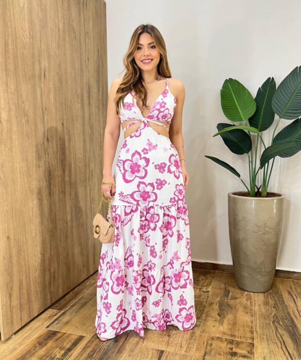 Vestido Longo com Bojo e Abertura Agatha Estampado Pink - Fernanda Ramos Store