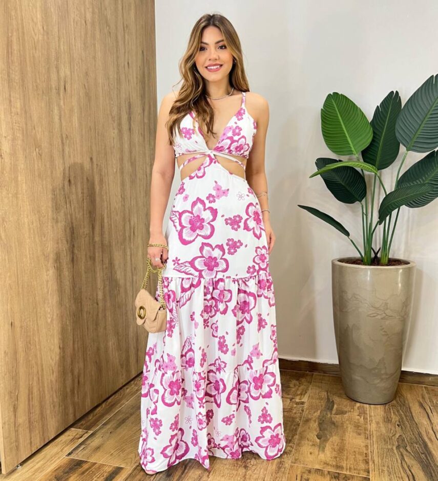 Vestido Longo com Bojo e Abertura Agatha Estampado Pink - Fernanda Ramos Store