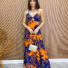 Vestido Longo com Bojo e Fenda Estampa Laranja e Azul - Fernanda Ramos Store