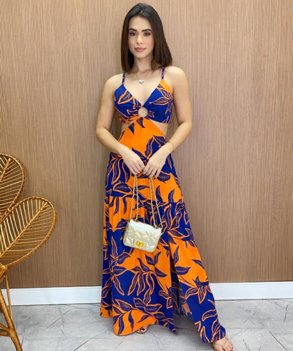 Vestido Longo com Bojo e Fenda Estampa Laranja e Azul - Fernanda Ramos Store